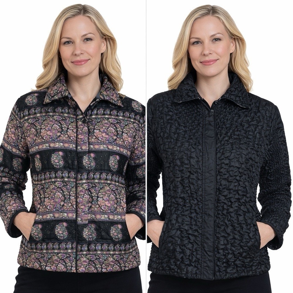 Vintage UBU Reversible Y2K Crinkle Quilted Jacket Black‎ Painterly Floral Medium
